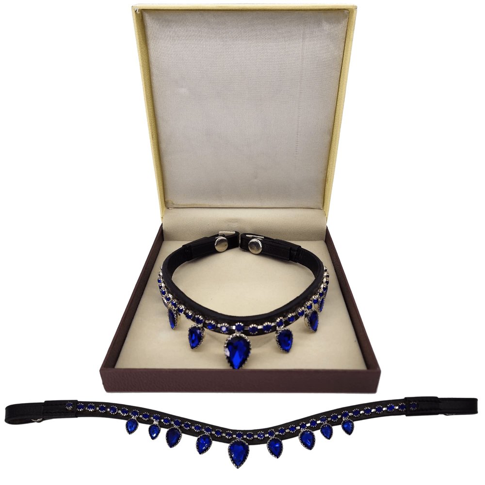 BlazingPaws Radiana Snap-On Luxury Bling Crystal Leather Browband for Horse Bridles (16 Inches, Black Snap-On, Teardrop Sapphire)