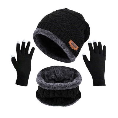 3-Pieces Winter Knitted Sets B-eanie Hat Gloves Scarf Set with Fleece Lined Gift for Women Men Kids