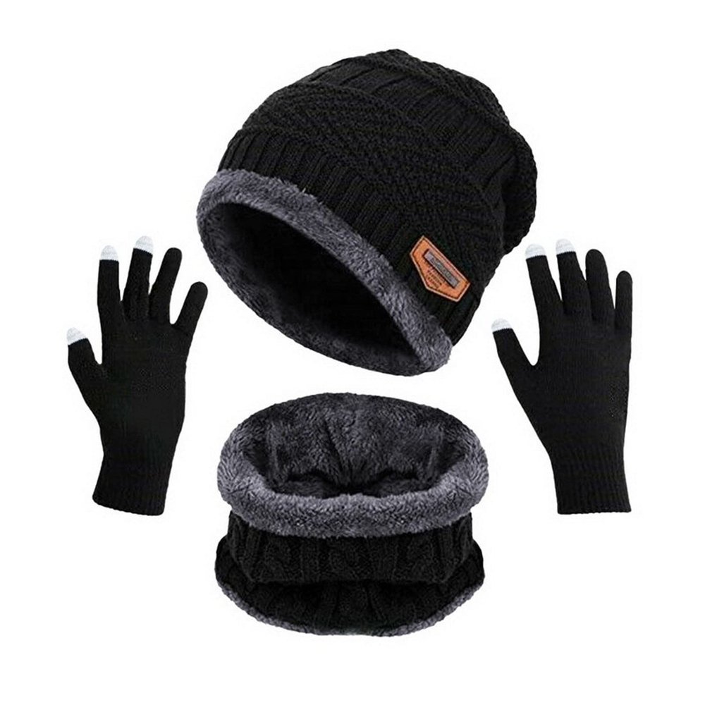 3-Pieces Winter Knitted Sets B-eanie Hat Gloves Scarf Set with Fleece Lined Gift for Women Men Kids