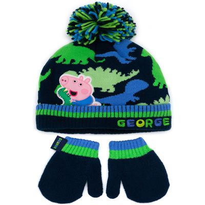 Peppa Pig George Hat And Mittens Kids Knitted Winter Beanie Gloves