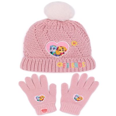 Paw Patrol Hat And Gloves Kids Girls Pink Knitted Winter Beanie