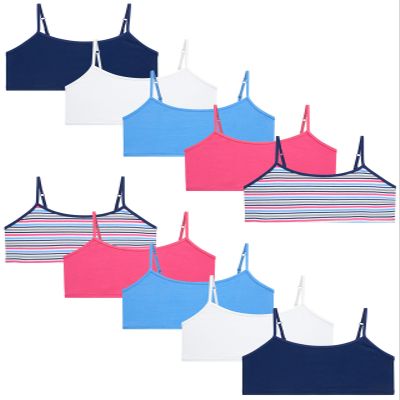 Rene Rofe Girls Training Bras - 10 Pack Soft Cotton Cami Training Bras for Girls, Tag Free Comfortable Everyday Girls Bras, Size 7-8, Pink/Blue Stripes