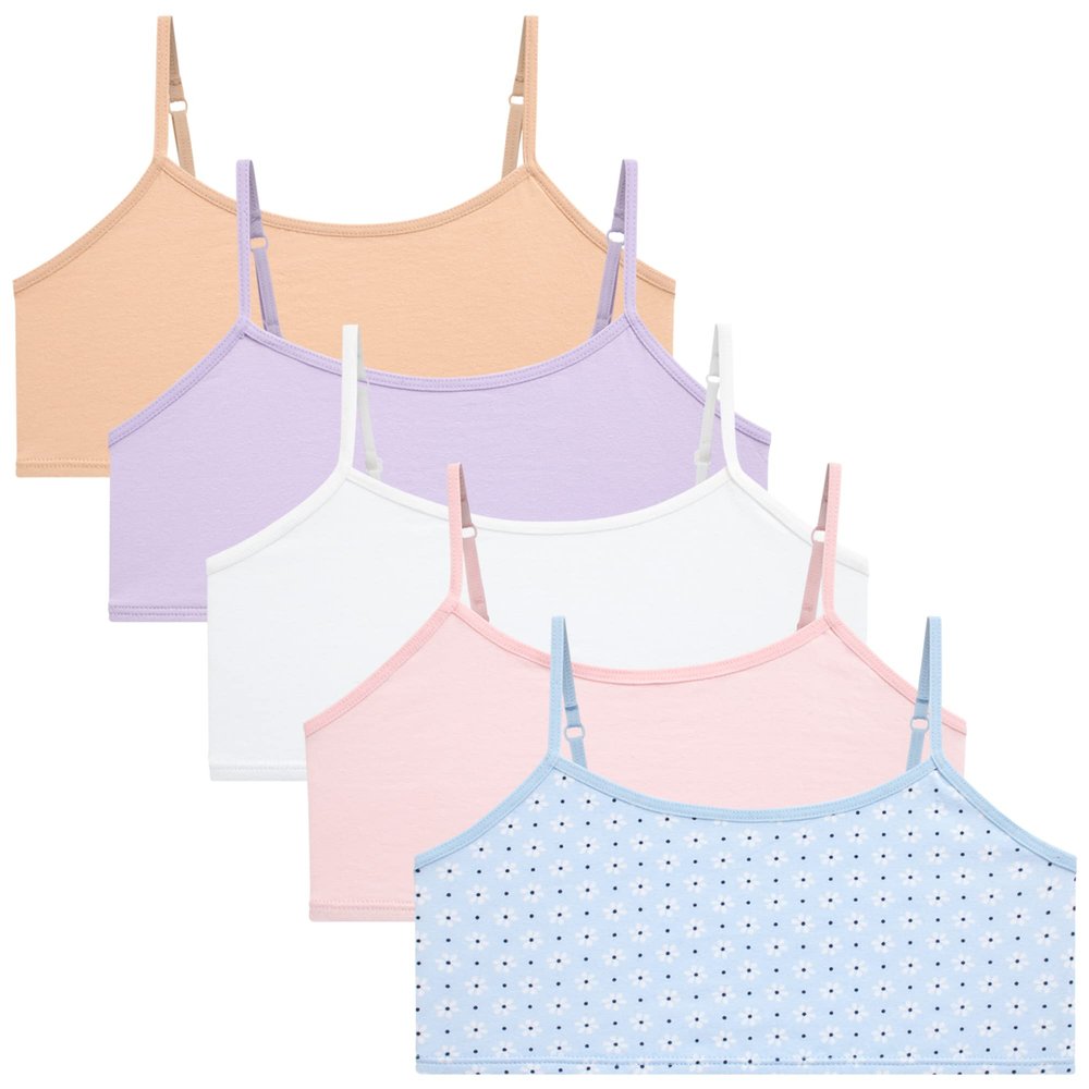Rene Rofe Girls Training Bras - 5 Pack Soft Stretch Cotton Bra, Cami Style Girls Underwear with Adjustable Straps (7-14), Size 10-12, Blue Floral