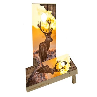Torn Sunrise Buck with Wood Slat Background Custom Cornhole Board Game Set