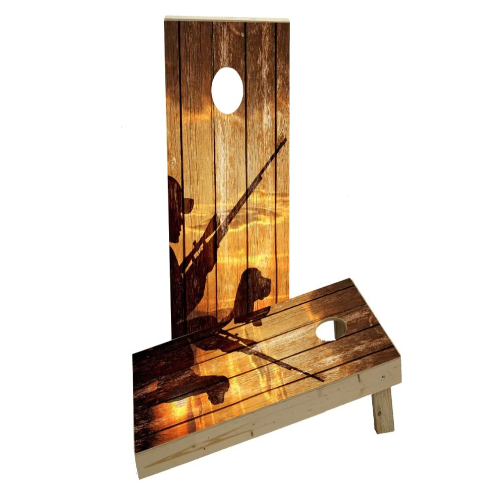 Sunrise Hunters with Wood Slat Background Custom Cornhole Board Game Set