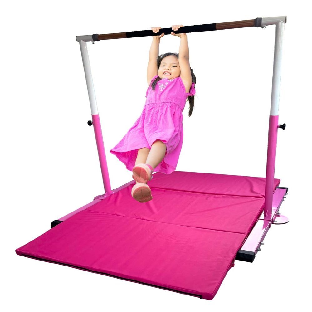 Gymnastics Bar for Kids with 6x4 Mat, Adjustable Height 3 to 5 FT Foldable, Horizontal Kip Bar Gymnastic Training Bar for Junior Gymnasts, Expandable Heavy Duty Jungle Gym Home Exercise Bar, Pink
