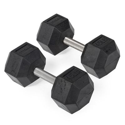 Titan Fitness 45 LB Pair Free Weights, Black Rubber Coated Hex Dumbbell, Straight Stainless Steel Handle, Strength Training, Full Body Workout