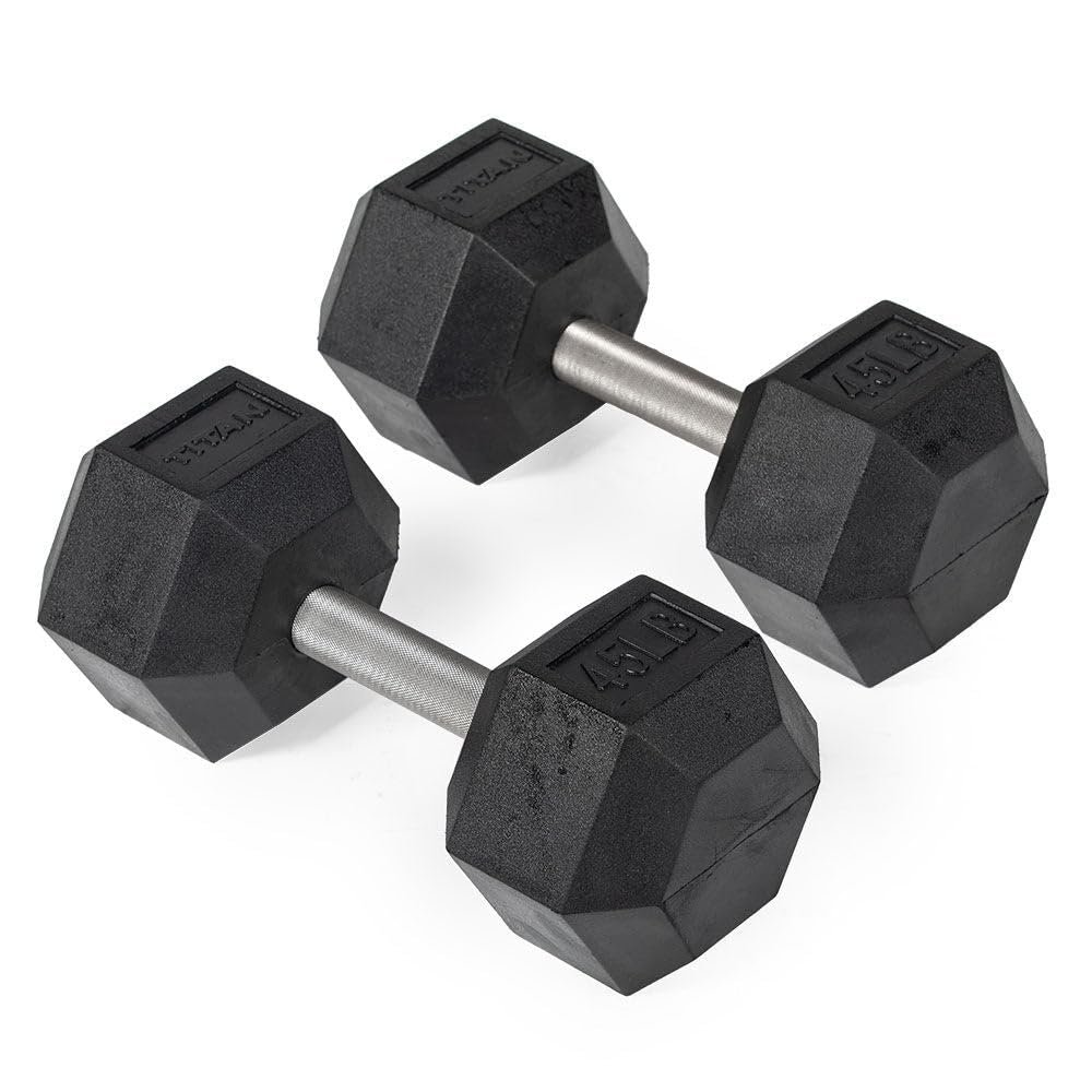 Titan Fitness 45 LB Pair Free Weights, Black Rubber Coated Hex Dumbbell, Straight Stainless Steel Handle, Strength Training, Full Body Workout