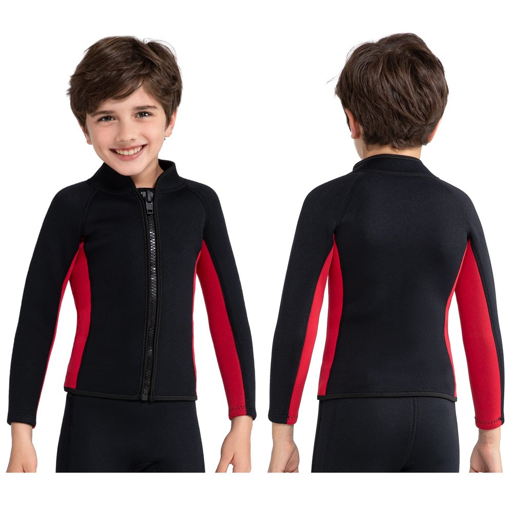 REALON Kids Wetsuit Top Jacket for Toddlers Boys Girls 3mm Neoprene Long Sleeve Front Zipper Thermal Wet Suits Keep Warm Swimwear for Surfing Swimming Surfing Boating