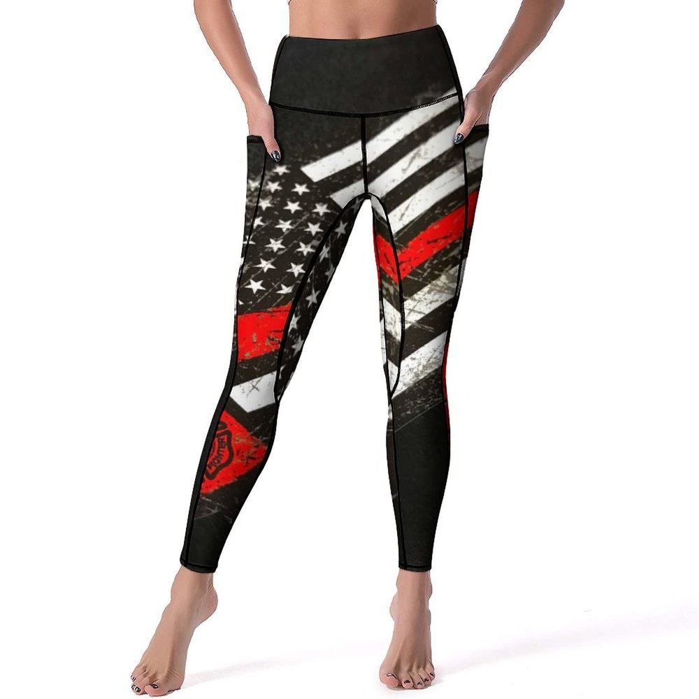 Bagea-Ka USA Thin Red Line Firefighter Axe Pattern High Waisted Leggings for Women Yoga Pants with Pocket Workout Sports