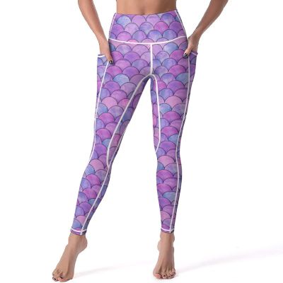 Bagea-Ka Mermaid Fish Scales Pattern High Waisted Leggings for Women Yoga Pants with Pocket Workout Sports Athletic