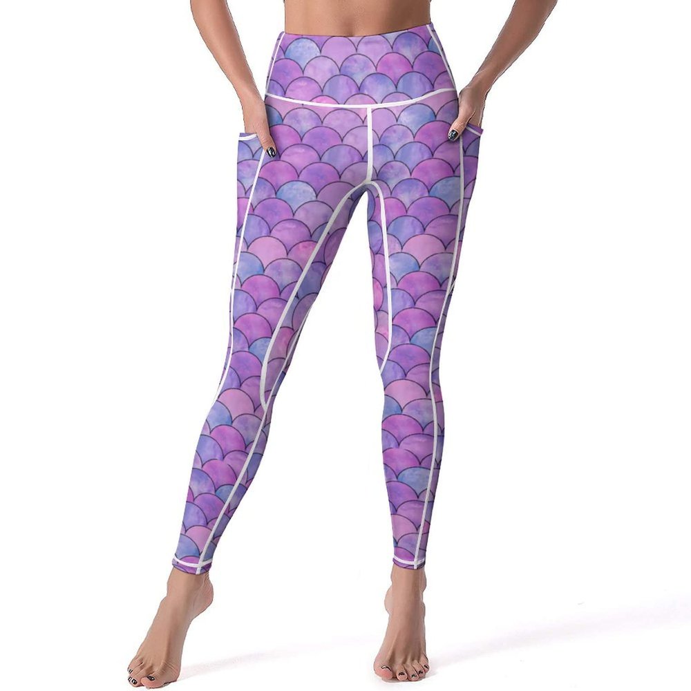 Bagea-Ka Mermaid Fish Scales Pattern High Waisted Leggings for Women Yoga Pants with Pocket Workout Sports Athletic
