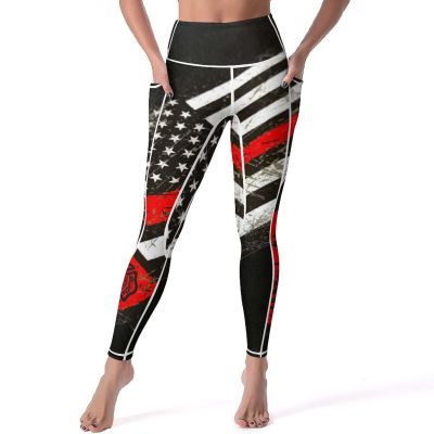 Bagea-Ka USA Thin Red Line Firefighter Axe Pattern High Waisted Leggings for Women Yoga Pants with Pocket Workout Sports