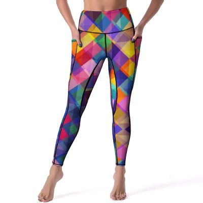 Bagea-Ka Colorful Geometric Pattern High Waisted Leggings for Women Yoga Pants with Pocket Workout Sports Athletic