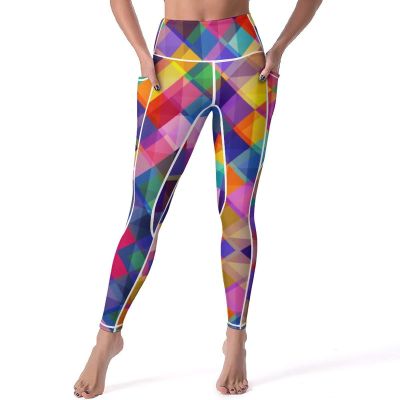 Bagea-Ka Colorful Geometric Pattern High Waisted Leggings for Women Yoga Pants with Pocket Workout Sports Athletic