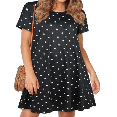 elescat Women's T Shirt Sundress Swing Loose Casual Summer Beach Plus Size Dresses with Pockets(Black Wave Point,XL)