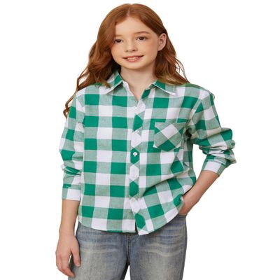 SANGTREE Girls Plaid Flannel Shirt Long Sleeve Button Down Shirts for Girl, Green White Plaid, 12-13 Years = Tag 180