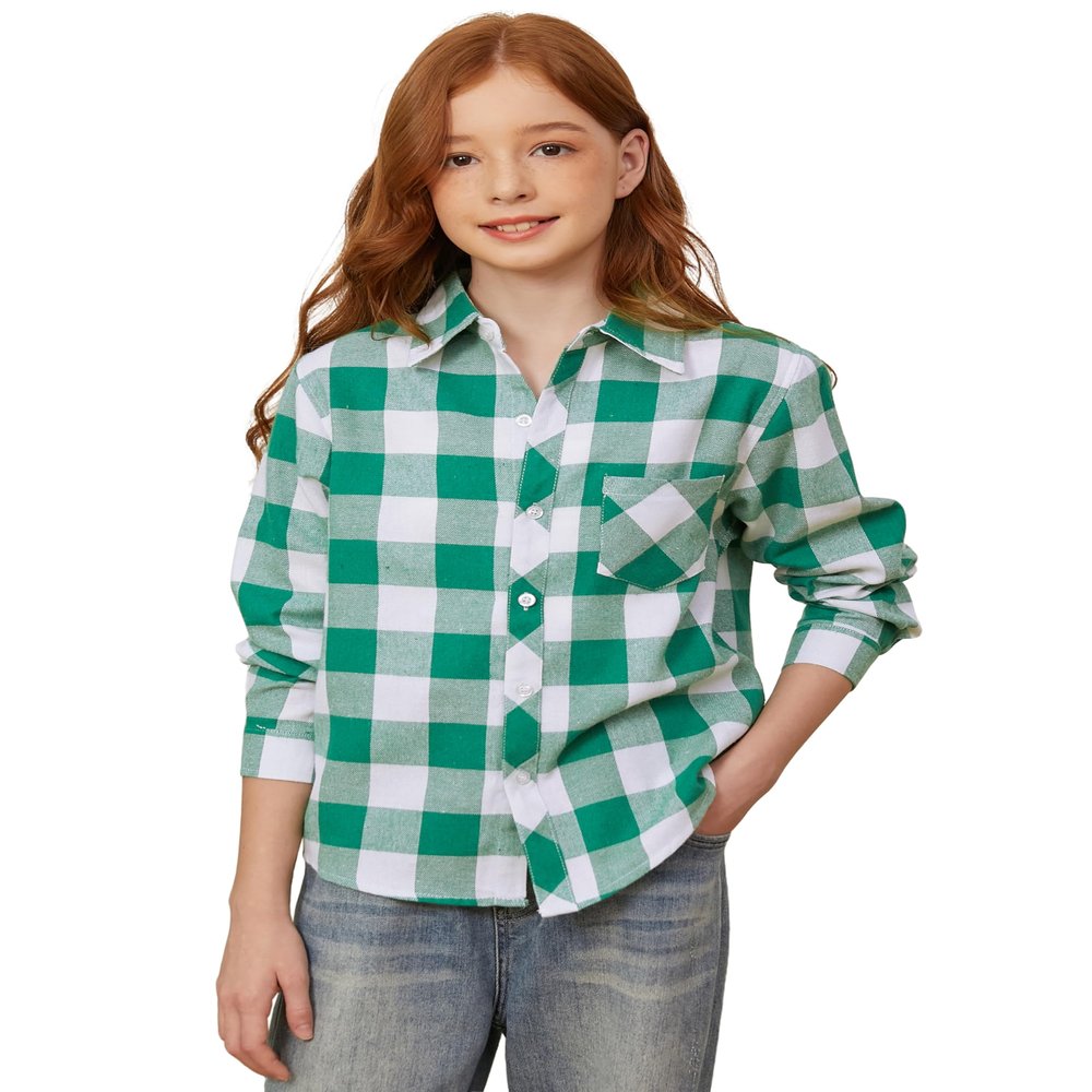 SANGTREE Girls Plaid Flannel Shirt Long Sleeve Button Down Shirts for Girl, Green White Plaid, 12-13 Years = Tag 180
