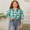 SANGTREE Girls Plaid Flannel Shirt Long Sleeve Button Down Shirts for Girl, Green White Plaid, 12-13 Years = Tag 180 view 3