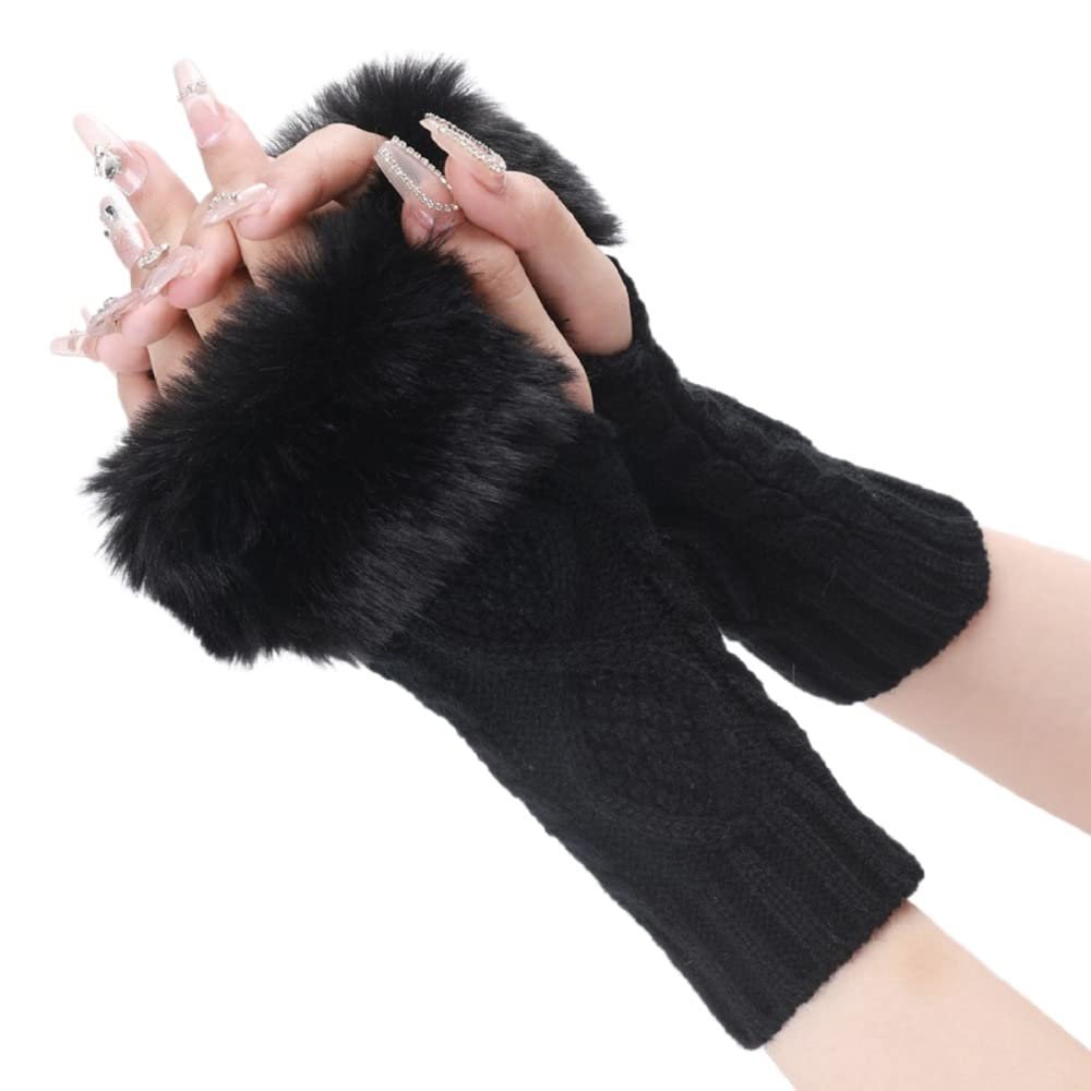 Arm Warmers Fingerless Thumb Hole Wrist Gloves Knitted Mitten Winter Gift Warm Gloves for Women (Black)