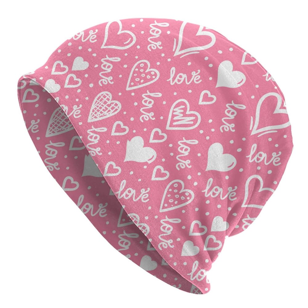 LAIPUTER Pink Heart Beanie Standard Closed Chemo Knitted Hats Baggy Slouchy Skull Cap Cancer Headwear for Women Men