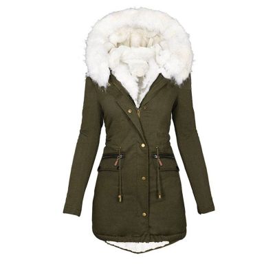 TIMIFIS Womens Coats Plus Size Overcoats with Fur Hood Fleece Chunky Jackets Zipper Button Outerwear Winter Warm Parka
