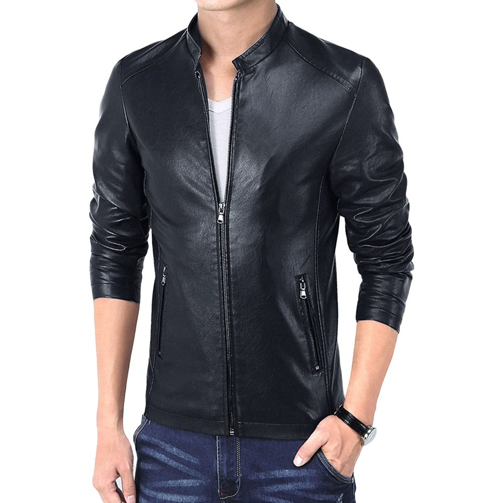 Maiyifu-GJ Men Casual Faux Leather Biker Jacket Stylish Stand Collar Bomber Jackets PU Leather Lightweight Motorcycle Coats (Black,3X-Large)