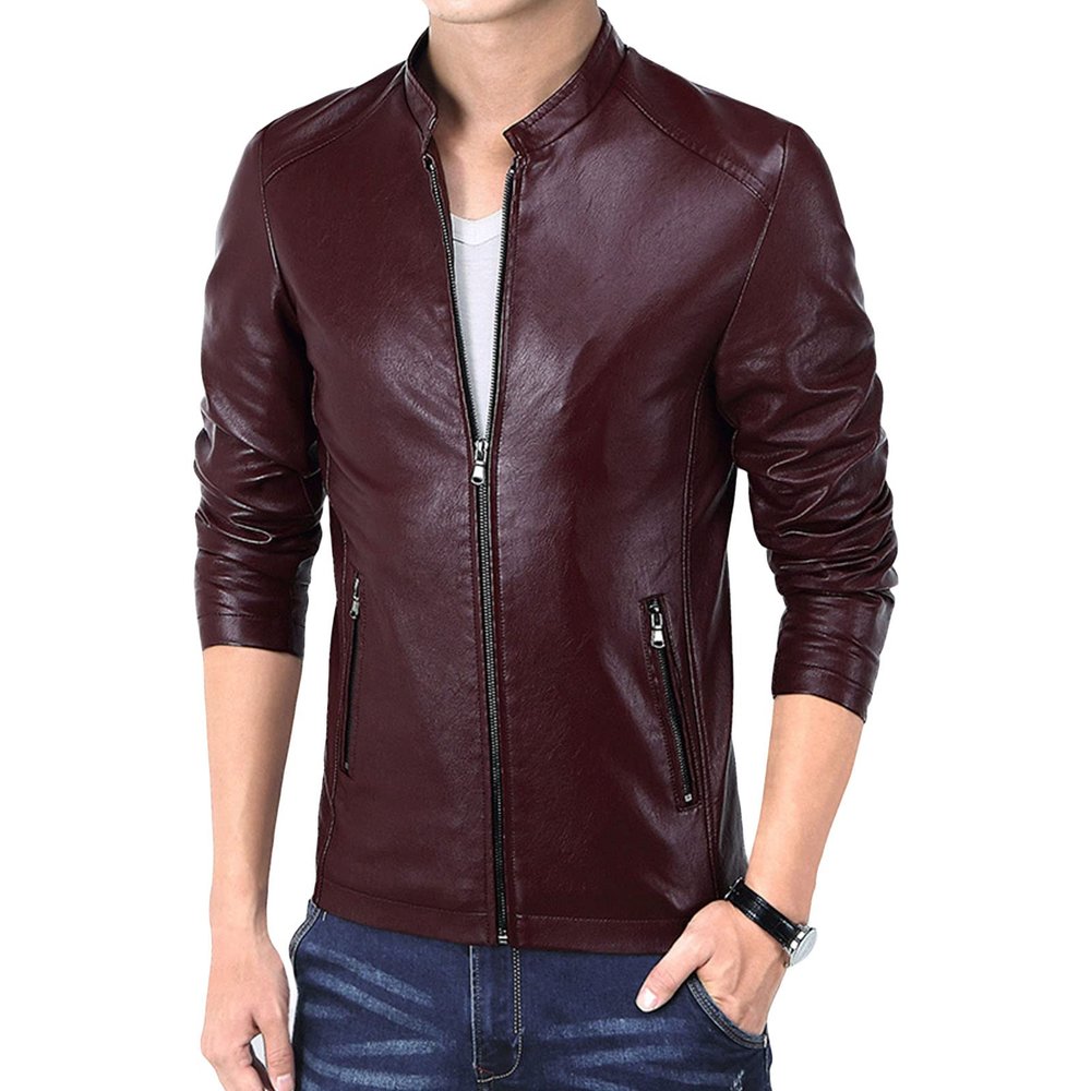 Maiyifu-GJ Men Casual Faux Leather Biker Jacket Stylish Stand Collar Bomber Jackets PU Leather Lightweight Motorcycle Coats (Red Wine,3X-Large)