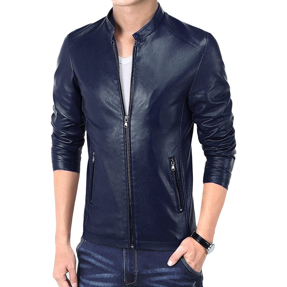 Maiyifu-GJ Men Casual Faux Leather Biker Jacket Stylish Stand Collar Bomber Jackets PU Leather Lightweight Motorcycle Coats (Blue,3X-Large)