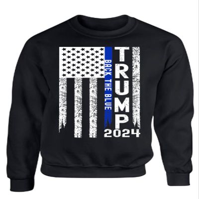 ALLNTRENDS Back The Blue Trump 2024 Thin Blue Line American Flag Crewneck Sweatshirt (L, Black)