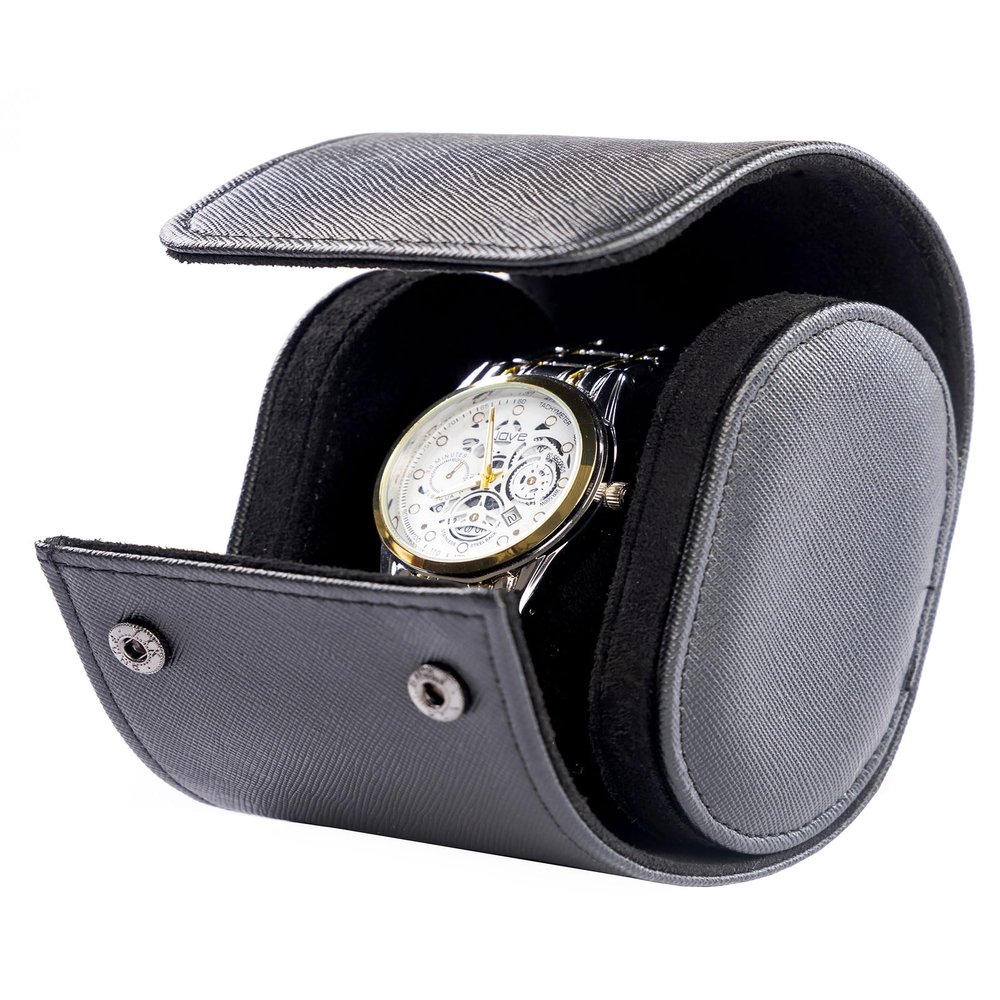 MR.OKAY Single Watch Travel Case-Classic Leather Watch Case With Superb Texture.Portable Watch Roll Or Organizer For Storage And Display. Best Travel Gift for Men,All Handcrafted By Artisans.