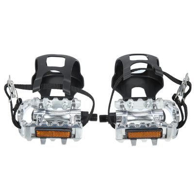 X AUTOHAUX 1 Pair Bicycle Pedals 1/2'' Spindle Platform with Toe Clips Fixed Foot Strap Cycling Parts Black Silver Tone