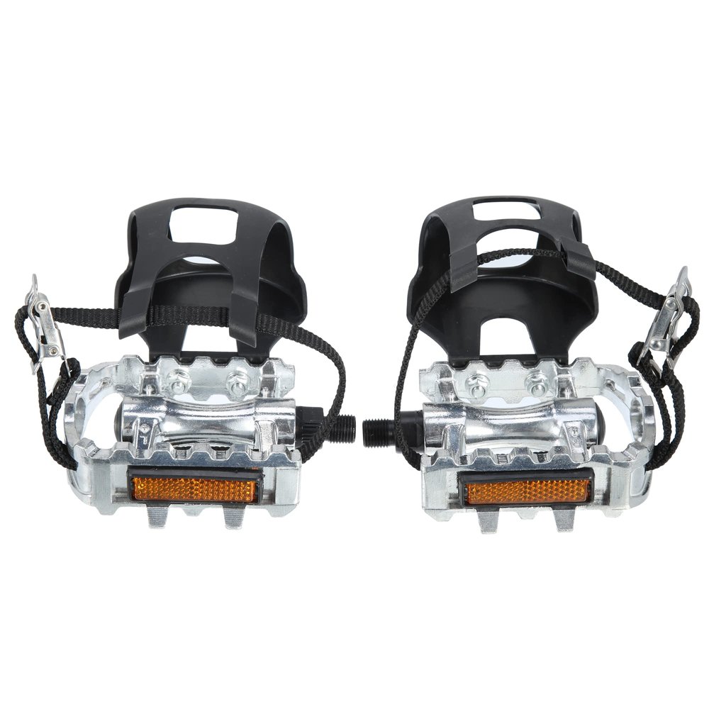 X AUTOHAUX 1 Pair Bicycle Pedals 1/2'' Spindle Platform with Toe Clips Fixed Foot Strap Cycling Parts Black Silver Tone