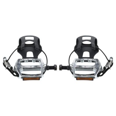 X AUTOHAUX 1 Pair Bicycle Pedals 12.7mm 1/2'' Spindle Platform with Toe Clips Fixed Foot Strap Black Silver Tone