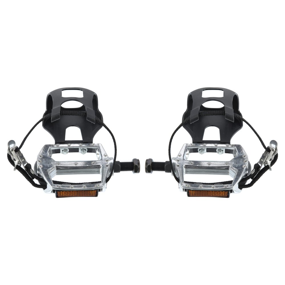 X AUTOHAUX 1 Pair Bicycle Pedals 12.7mm 1/2'' Spindle Platform with Toe Clips Fixed Foot Strap Black Silver Tone
