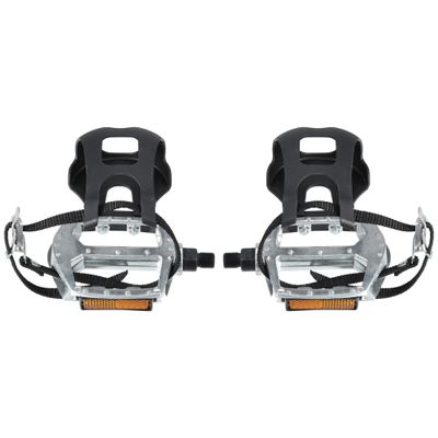 X AUTOHAUX 1 Pair Bicycle Pedals 9/16'' Spindle Platform with Toe Clips Fixed Foot Strap Black Silver Tone