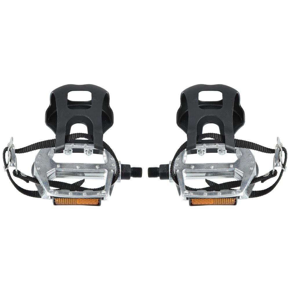 X AUTOHAUX 1 Pair Bicycle Pedals 9/16'' Spindle Platform with Toe Clips Fixed Foot Strap Black Silver Tone