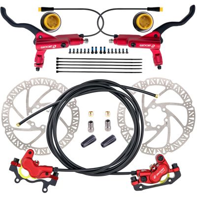 CooMeng Zoom HB876E 3-PIN 4-Pistons E-Bike Electric Power-Off Hydraulic Brake Set with 180mm Rotors, Pre-Bled Hydraulic Disc Brake Caliper Lever for eBike (Included Mounting Adapter) - Red