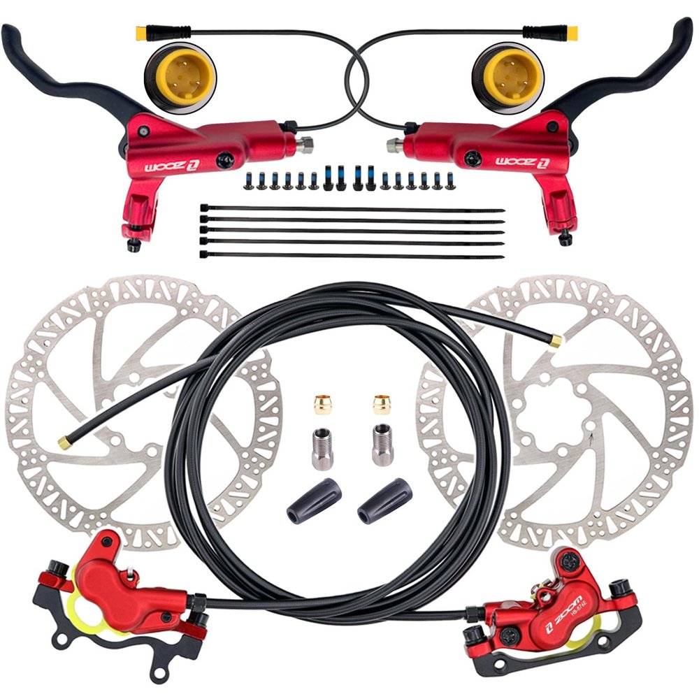 CooMeng Zoom HB876E 3-PIN 4-Pistons E-Bike Electric Power-Off Hydraulic Brake Set with 180mm Rotors, Pre-Bled Hydraulic Disc Brake Caliper Lever for eBike (Included Mounting Adapter) - Red