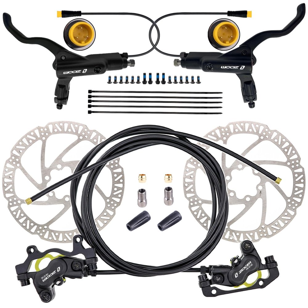 CooMeng Zoom HB876E 3-PIN 4-Pistons E-Bike Electric Power-Off Hydraulic Brake Set with 180mm Rotors, Pre-Bled Hydraulic Disc Brake Caliper Lever for eBike (Included Mounting Adapter) - Black