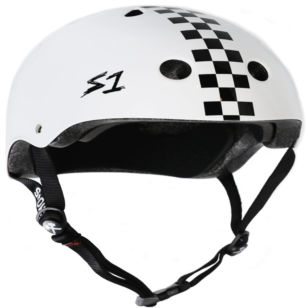 S1 Mega Lifer Helmet for Skateboarding, BMX, and Roller Skating - Extra-Large Fit for Bigger Heads - EPS Fusion Foam, CPSC & ASTM Certified - White Gloss w/Checkers XX-Large (25")