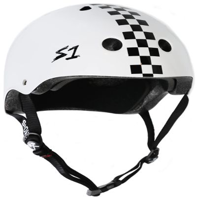 S1 Mega Lifer Helmet for Skateboarding, BMX, and Roller Skating - Extra-Large Fit for Bigger Heads - EPS Fusion Foam, CPSC & ASTM Certified - White Gloss w/Checkers Medium (23.5")