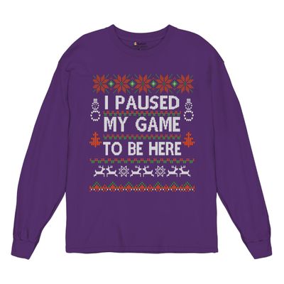 I Paused My Game to Be Here Funny Gamer Christmas Long Sleeve T-Shirt Ugly Sweater Theme Xmas Party Gaming Nerd Geek Purple Small