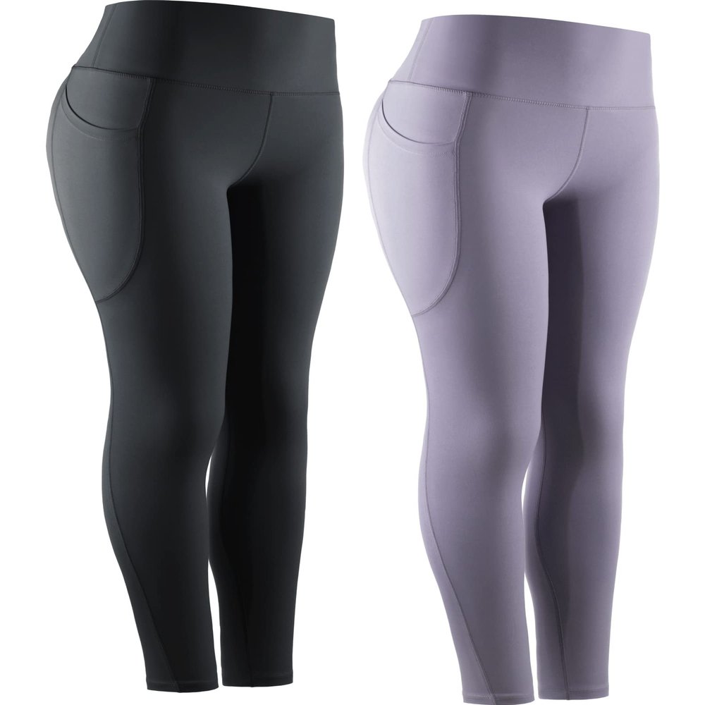 NELEUS High Waist Buttery Soft Tummy Control Yoga Pants Running Workout Leggings, 2 Pack, 9069,Black/Light Purple,US M,EU L