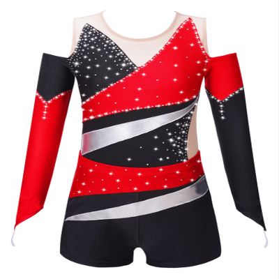 Aislor Kids Girls Off-shoulder Long Sleeve Ballet Leotards Gymnastics Bodysuit Biketard Jumpsuit with Shorts Set Red 6 Years