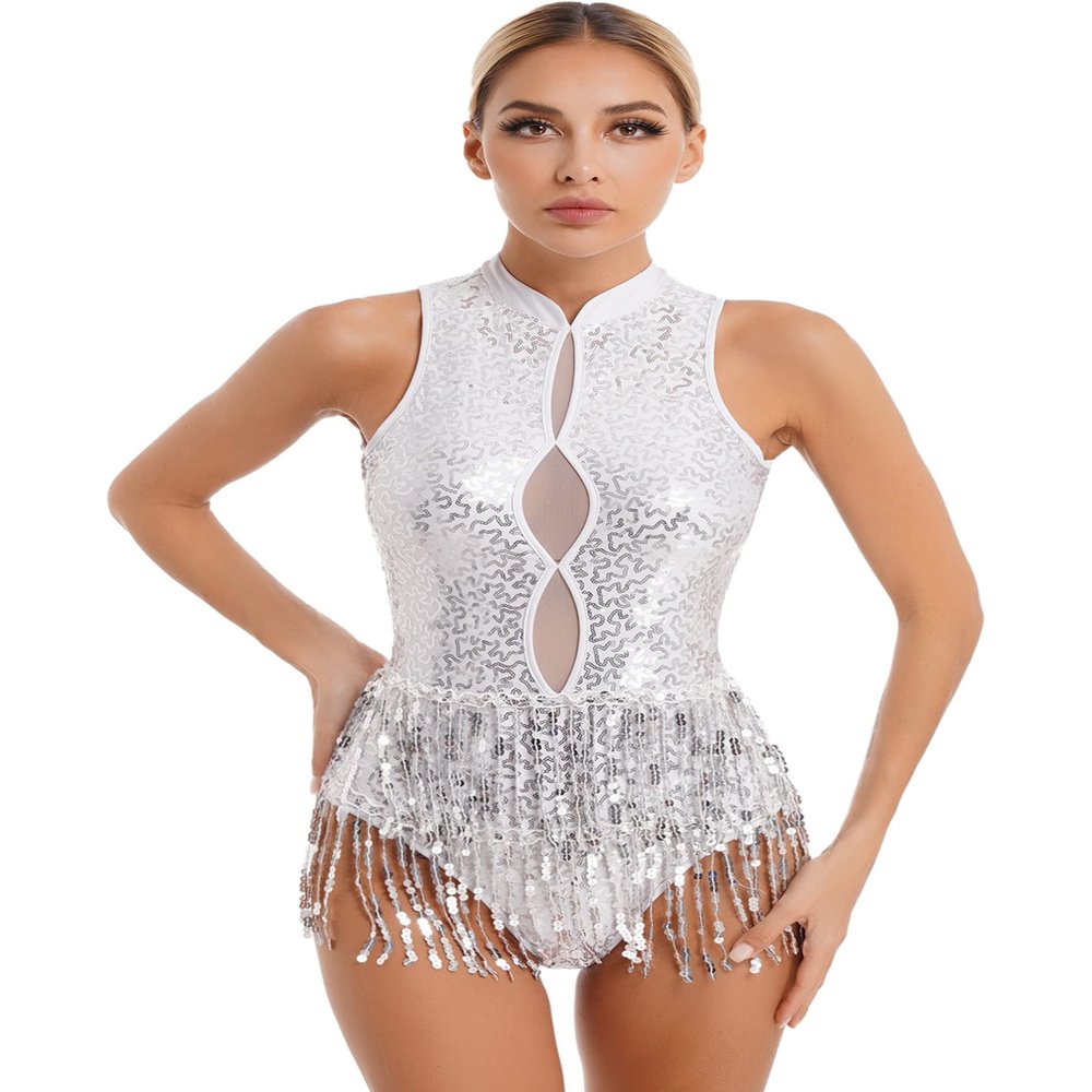 easyforever Women's Glitter Sequins Latin Dance Leotard Dancewear Fringe Jazz Ballroom Samba Dance Dress White F X-Large