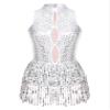 easyforever Women's Glitter Sequins Latin Dance Leotard Dancewear Fringe Jazz Ballroom Samba Dance Dress White F X-Large view 4