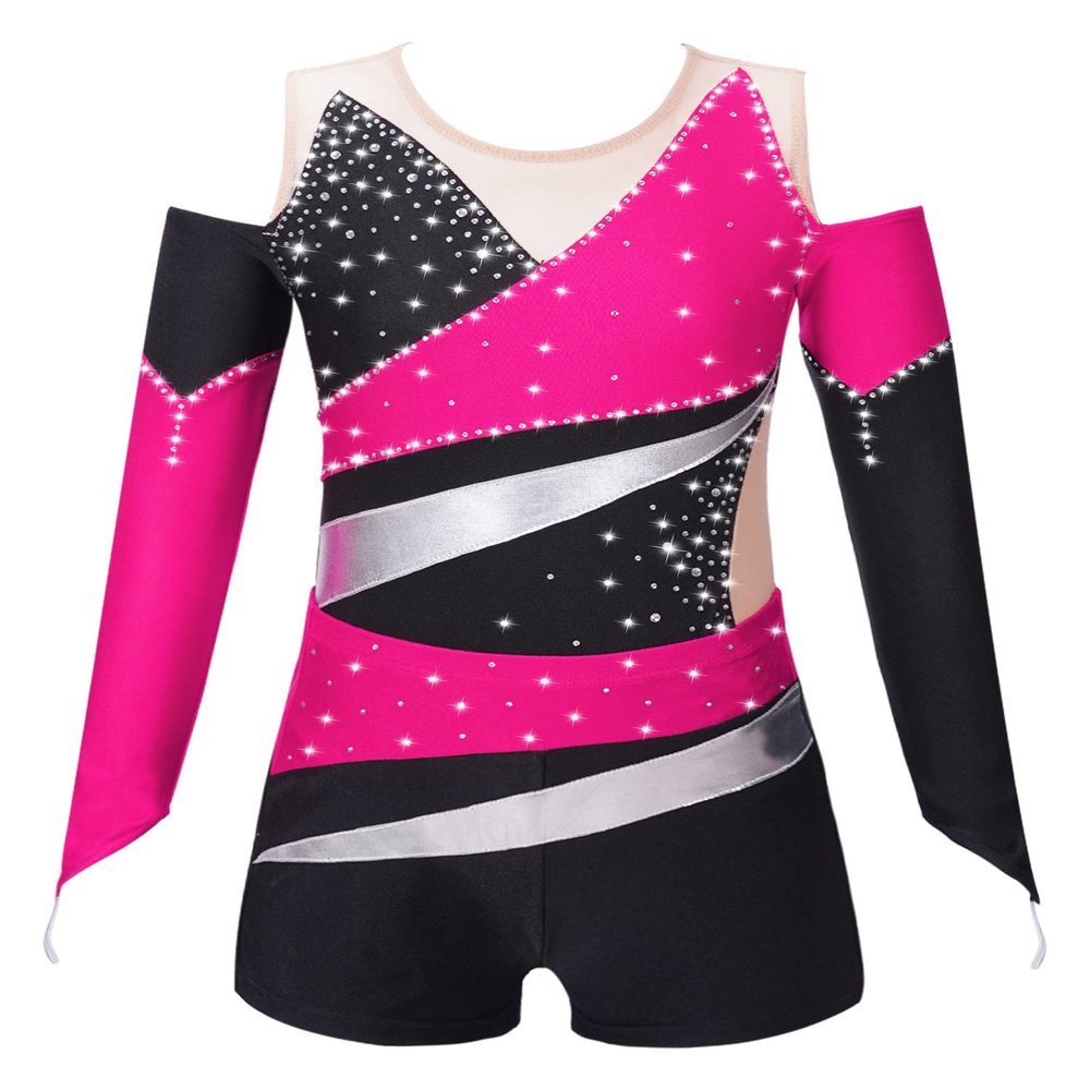 Aislor Kids Girls Off-shoulder Long Sleeve Ballet Leotards Gymnastics Bodysuit Biketard Jumpsuit with Shorts Set Pink 6 Years