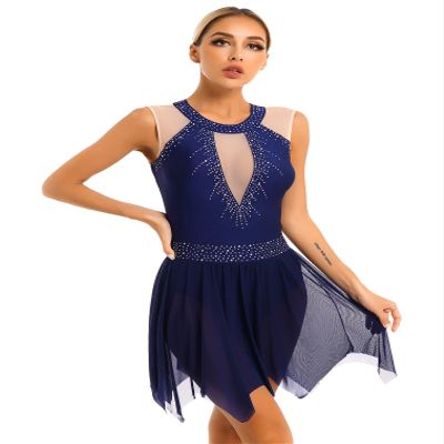 FEESHOW Women Figure Skating Dresses Glittery Rhinestone Lyrcial Dresses Contemporary Dance Costumes Uniforms #06-Navy Blue X-Large
