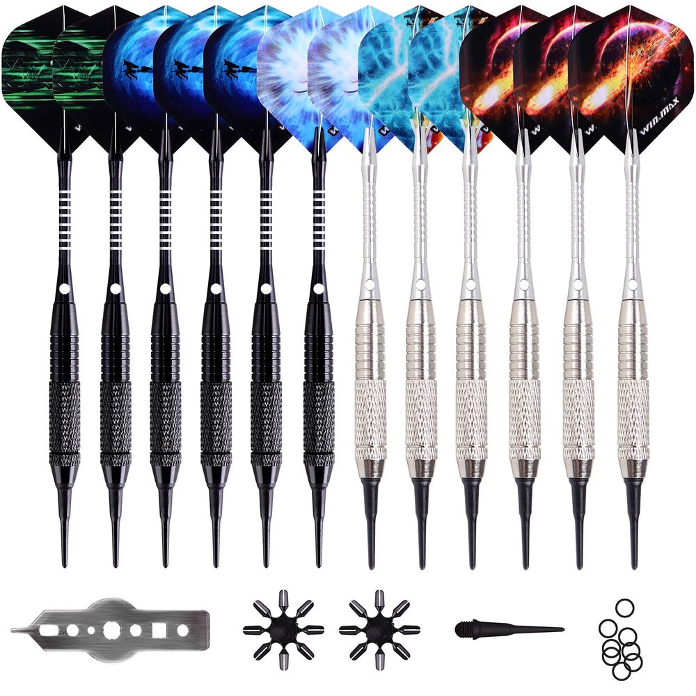 WIN.MAX Darts Plastic Tip - Soft Tip Darts Set - 12 Pcs 18 Gram with 100 Extra Dart Tips 12 Flights Flight Protectors and Wrench for Electronic Dart Board